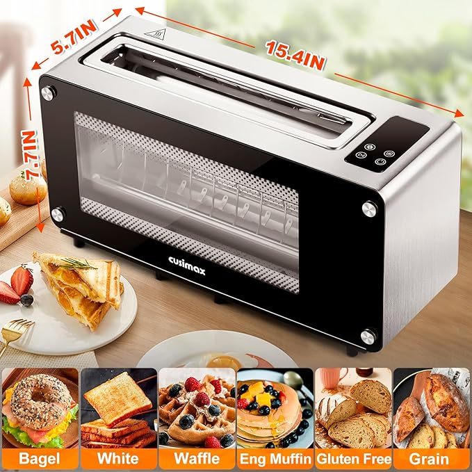 CUSIMAX Toaster 2 Slice Long Slot with Clear View Glass Window,One Touch Digital Control Presets with Automatic Lifting,Slide-out Glass Panel and Easy Clean Up Crumb Tray