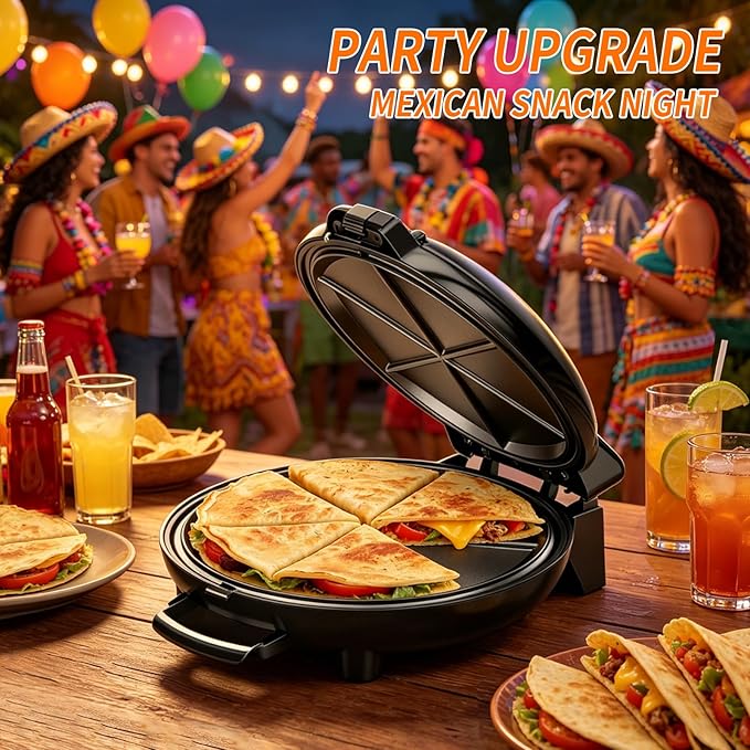 Electric Quesadilla Maker, 9.5'' Quesadilla Press with Extra Stuffing Latch, Easy Slice 6 Wedge, Grilled Cheese Corn Flour Tortilla Snacks, Nonstick Plates, Easy to Clean, Non-Slip Feet, Black
