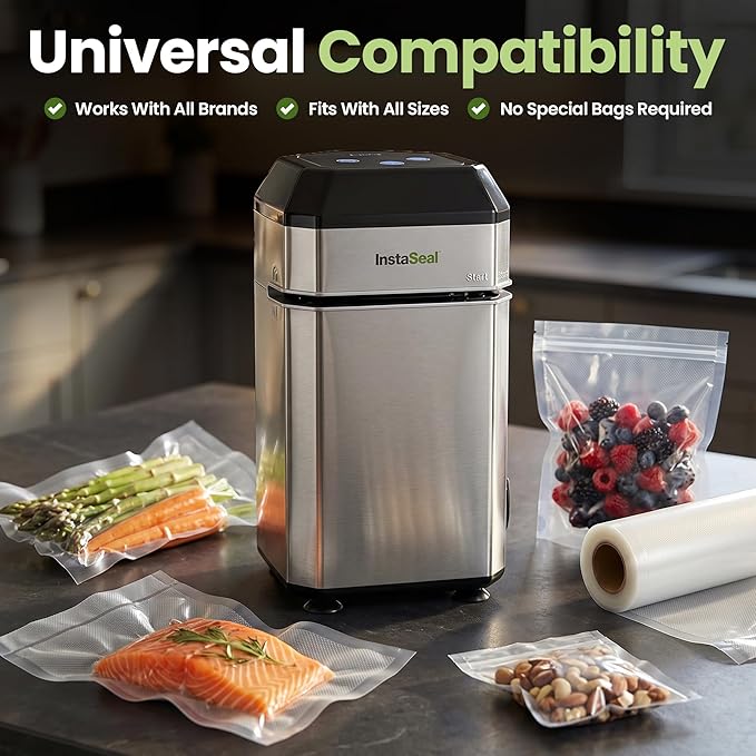 InstaSeal Vacuum Sealer for Food with 12 Bags, Preserves Foods 5x Longer, Space Saving Compact Upright Design Allows Machine to Seal Marinades, Soups, Meats for Sous Vide Cooking, Vegetables