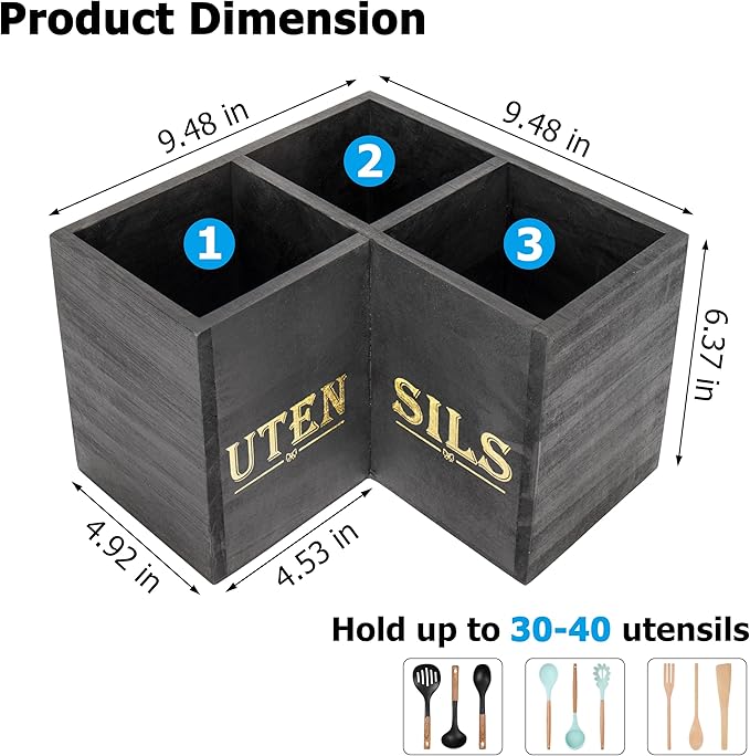 RedCall Kitchen Utensils Holder,Extra Large 3 Compartments Corner Utensil Caddy for Countertop,Wooden Farmhouse Utensil Organizer