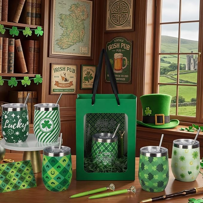 Patelai 30 Pcs Spring Picnic Party Favor Set Reusable Stainless Steel Tumblers with Lid Straw for Outdoor Camping 12oz Shamrock Cups for Wedding, Baby Shower Party Supplies, Employees (Green Clover)