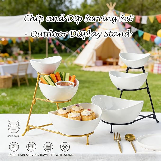 Gomakren 3 Tiered Oval Serving Bowl With Collapsible Metal Rack, Chip and Dip Serving Set, Dessert Appetizer, Candy, Fruit, Vegetable Bowl Set, Serving Bowls For Entertaining (Black Stand)