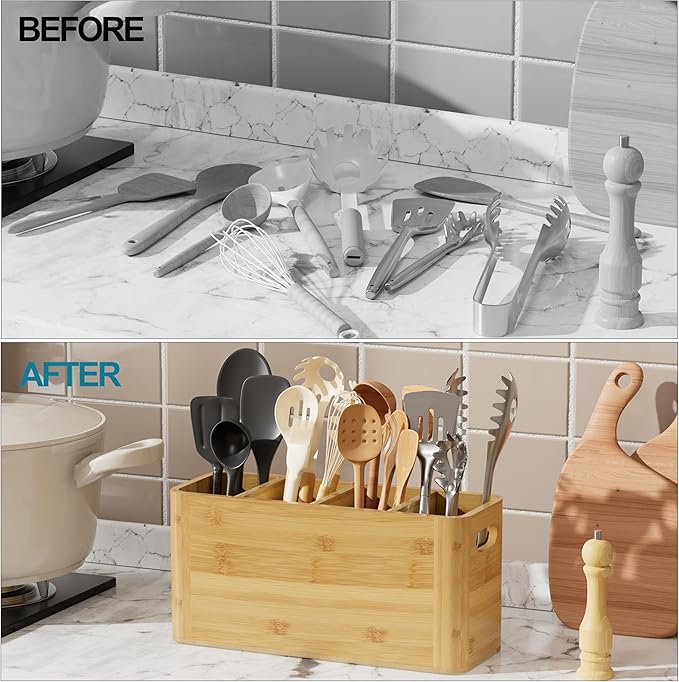 Bamboo Utensil Holder for Kitchen Counter, Extra Large Utensil Organizer for Countertop with 4 Compartments, Cooking Utensil Holder for Spatula Kitchen Storage
