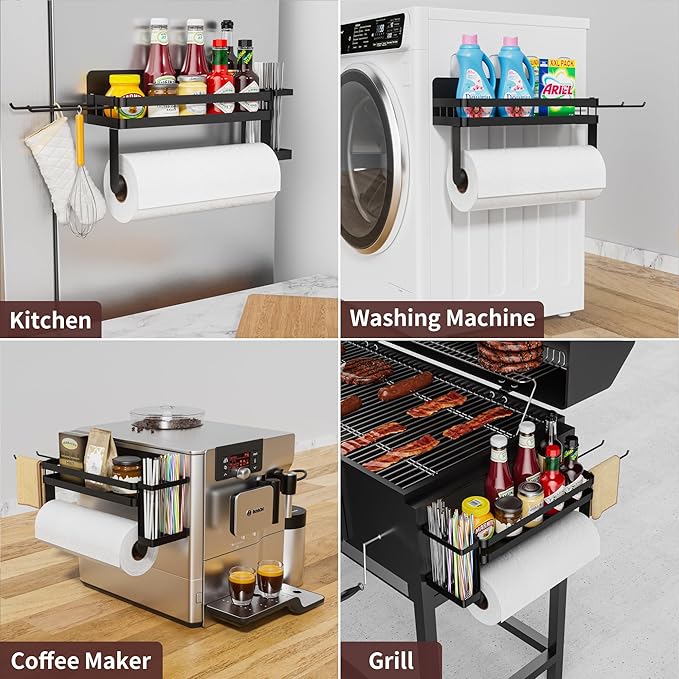 ZUNTO Magnetic Paper Towel Holder with Extra Straws Holder, Strong Magnet Paper Towel Roll Rack for Fridge with Spice Shelf and 2 Hooks, No Drilling Kitchen Organizer for Refrigerator, RV, Bathroom