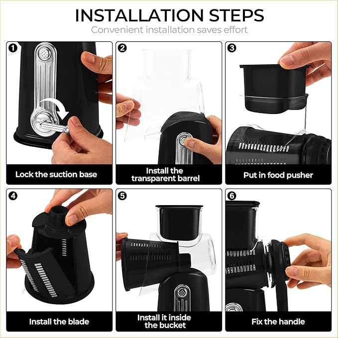 SUSTEAS Rotary Cheese Grater with Handle - Vegetable Shredder with 5 Well-designed Blades & Strong Suction Base,Round Mandoline Slicer & Food Chopper for Kitchen,with Blade Storage Box(Black)