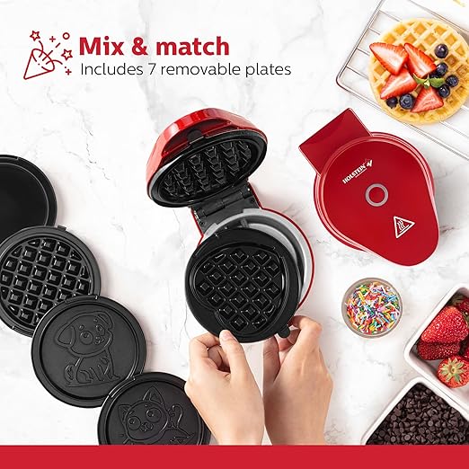 Holstein Housewares 5-in-1 Mini Waffle and Griddle Maker – 4-Inch Personal Appliance with 7 Removable Non-Stick Plates, Makes Puppy, Kitty, Heart-Shaped Waffles, Pancakes, Eggs & More