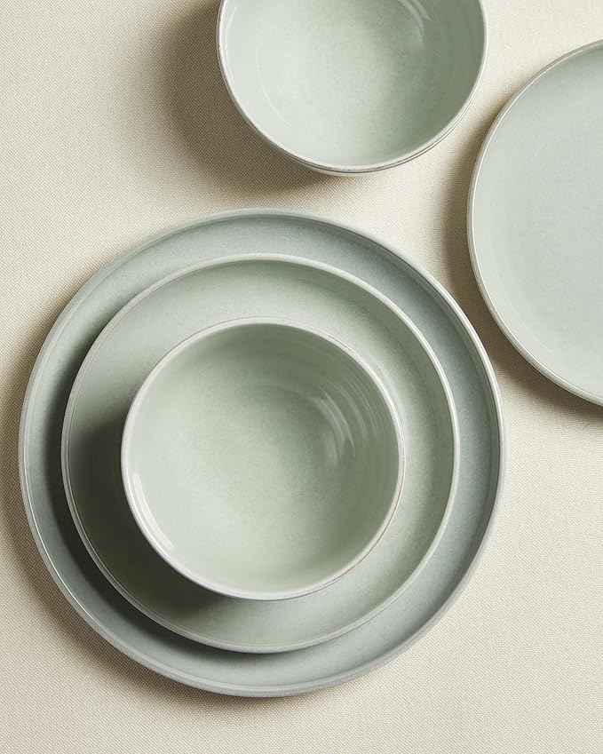 18 Piece Dinnerware Set for 6, Reactive Glaze Terracotta Plates and Bowls Set, Large Family-Sized Stoneware Dish Set for Gatherings, Chip and Scratch Resistant, Slate Green