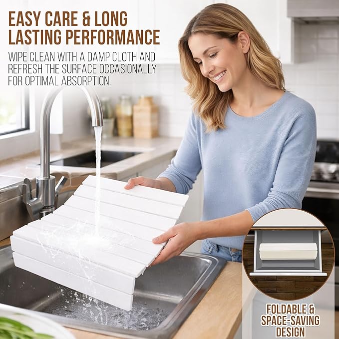 Large Stone Dish Drying Mat, 24" x 16" – Fast-Drying Diatomaceous Earth Kitchen Counter Mat – Quick Absorption – Non-Slip Modular Design