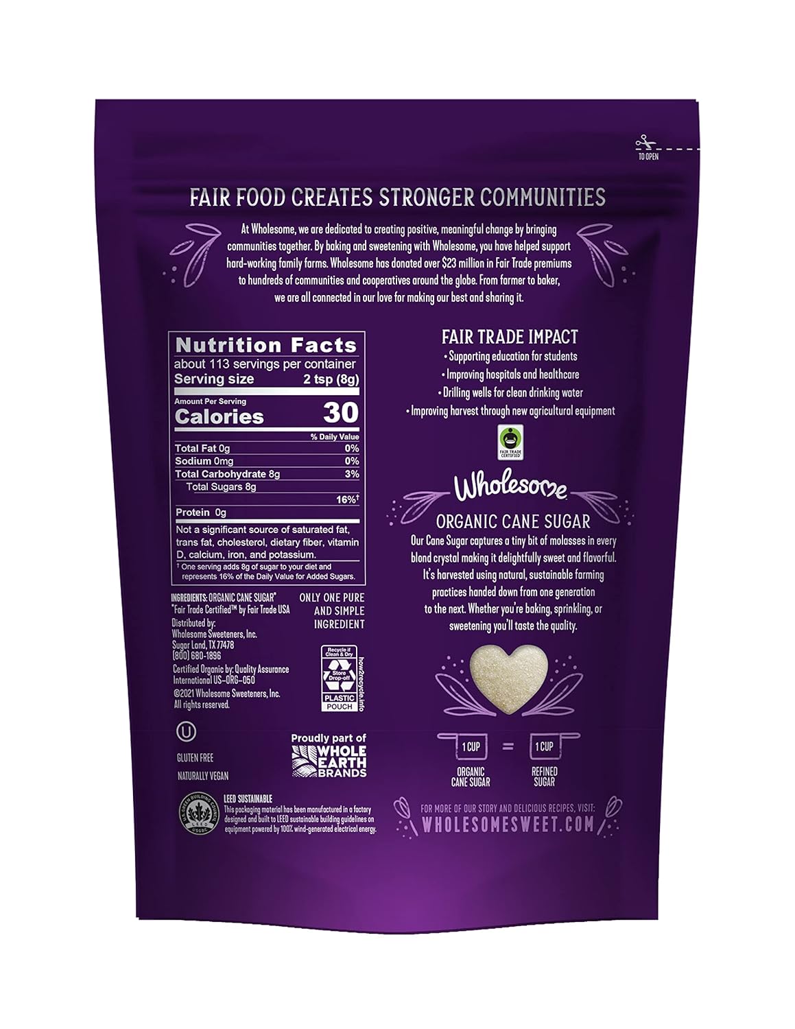 Wholesome Sweeteners 32-Ounce Organic Cane Sugar, Fair Trade, Non GMO, Gluten Free, Pure & Vegan, for Baking and Sweetening, 12 Pack