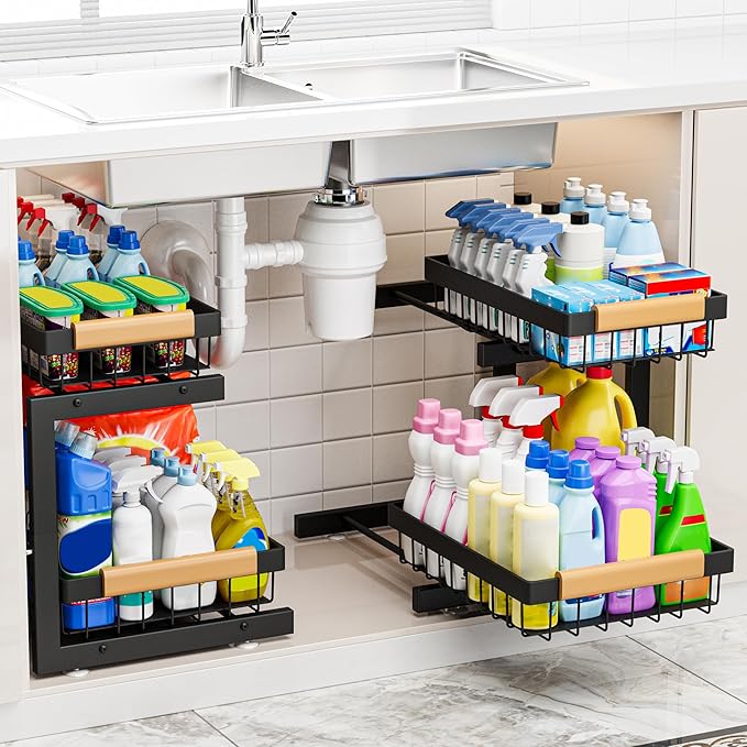 ADBIU Under Sink Organizer XL Size, 2 Packs 2 Tier Expandable Height (13.5" - 17.5") Under-Sink Organizers Slide out Pull out Bathroom Kitchen Organizers And Storage