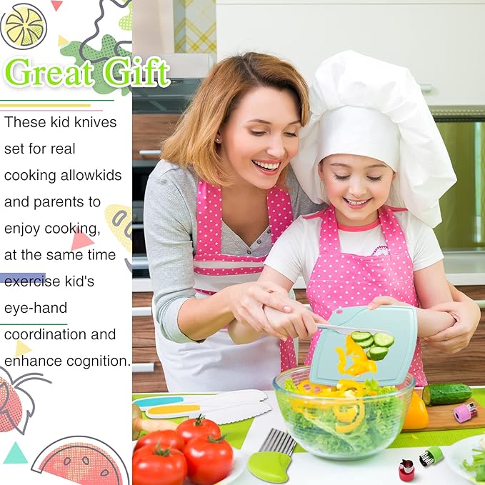 10PCS Kids Knife Set, Toddler Safe Knives for Real Cooking, Serrated Edges, Kids Cooking Utensils, Kitchen Tools for Toddlers, Potato Slicers, Cake Scraper