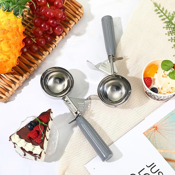 Reallnaive 2 Pcs Release Cookie Scoops Ice Cream Scooper with Trigger Release Portion Scoop Stainless Steel for Portion Control, Baking Food, Cookie Dough (4 oz,Gray)