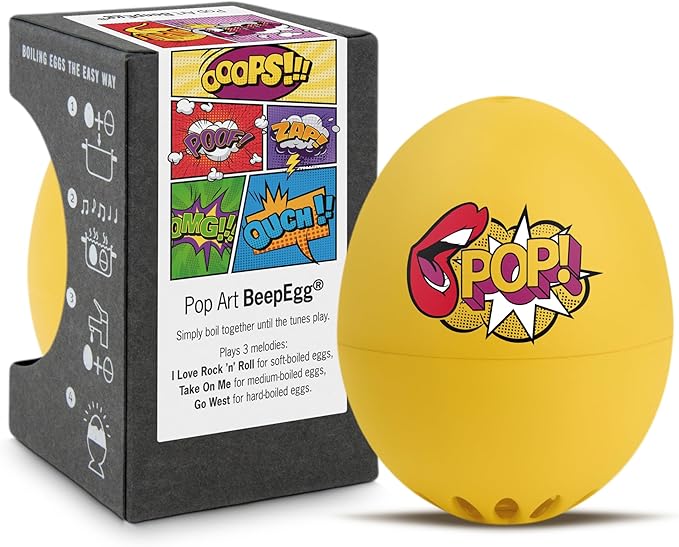 Pop Art BeepEgg – Egg Timer for Boiling Eggs – Musical Egg Cooker for Soft, Medium, Hard Boiled Eggs – Food Safe – Singing Floating Egg Timer – Egg Cooker for 3 Levels of Doneness - Brainstream