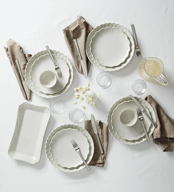 Lenox Stoneware Dinnerware Sets, French Perle Scallop White 12-Piece Dinnerware Set for 4, Service For 4, Dishwasher Safe Dishware, Dishes Set, Stoneware Dinner Plates and Bowls Sets (White, 12 Piece)