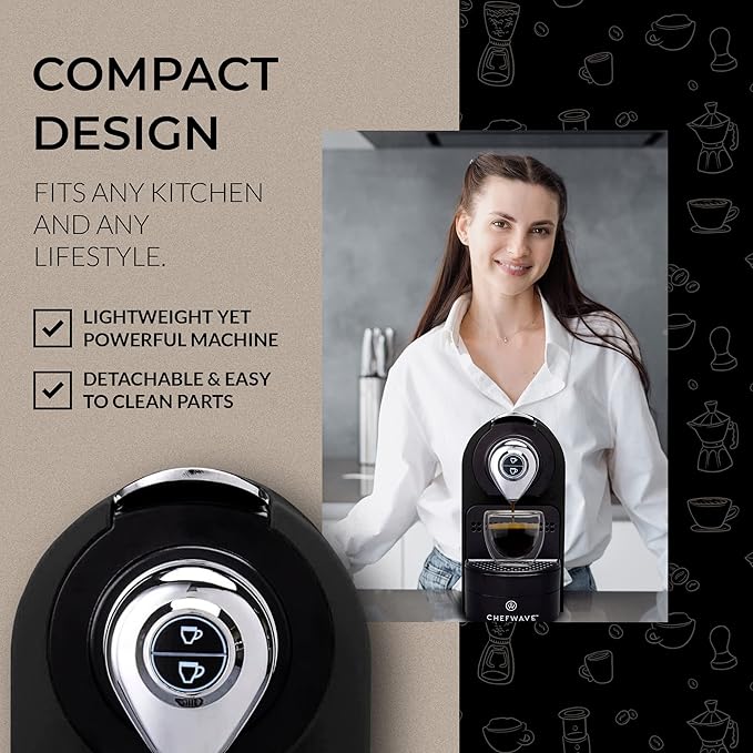 ChefWave Káva Espresso Machine - Nespresso-Compatible, 20 Bar Pressure, Fast Heat-Up, Compact Design, Auto Off, Dishwasher-Safe Water Tank