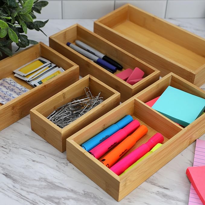 Elama 5 Piece Bamboo Wood Drawer Organizer Tray, Utensil Storage, Desk Drawer Storage (5 Piece Trays)