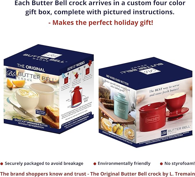 Butter Bell - The Original Butter Bell crock by L Tremain, a Countertop French Ceramic Butter Dish Keeper with Lid for Spreadable Butter, Farmhouse Collection, Honey Bees, Blue & White