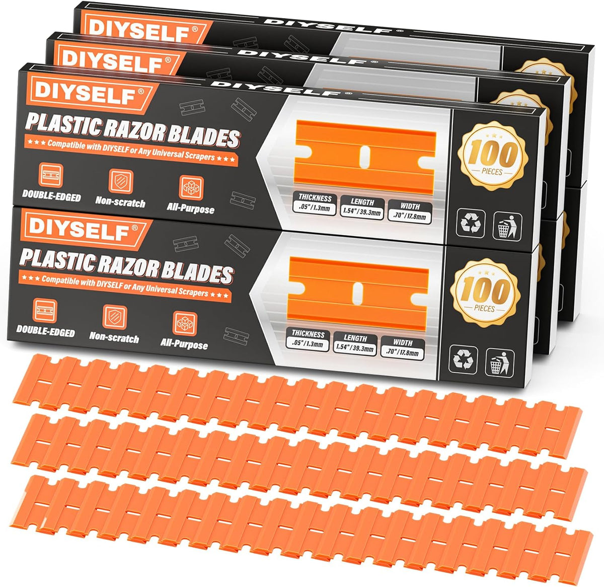 DIYSELF 600 Pack Plastic Razor Blades, Refill for Plastic Razor Blade Scraper, Universal Plastic Blades for Stains, Adhesives, Decals, Stickers, Labels, Double-edged Plastic Blade