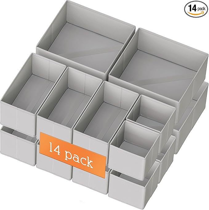 Criusia Drawer Organizer Clothes, 14 Pack Dresser Organizer for Baby Clothes, Underwear, Sock- Foldable Closet Organization and Storage Dividers Bins for Nursery, Bedroom and Dorm (Grey)