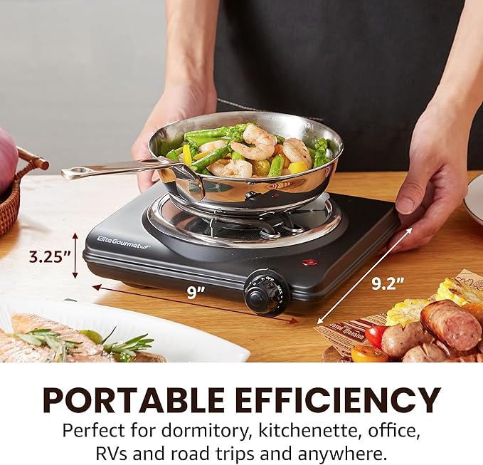 Elite Gourmet ESB100B Countertop Single Coiled Burner Electric Hot Plate, Temperature Control, Indicator Light, Easy to Clean, Black