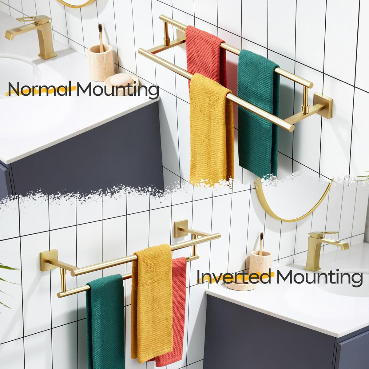 KOKOSIRI 24-Inch Towel Bars Double Bath Towel Rails Bathroom Holder Racks for Cabinet Kitchen Brushed Gold Stainless Steel B5009BG-L24