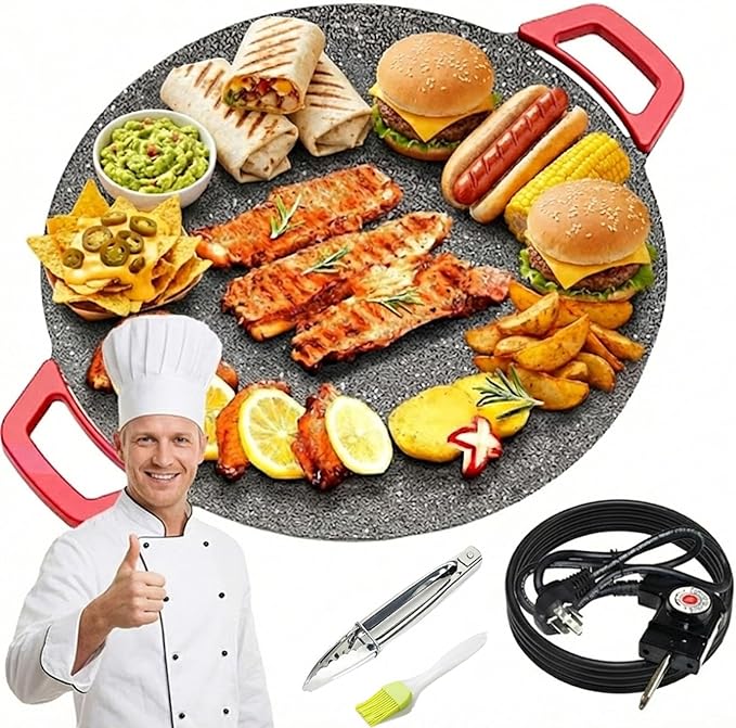 Non-Stick Electric Indoor Grill Pan, Smokeless Electric Griddle with Temperature Control, Round Baking Pan for BBQ, Steaks, Pancakes & Comal Electrico para Tortillas (40cm/15.7in)