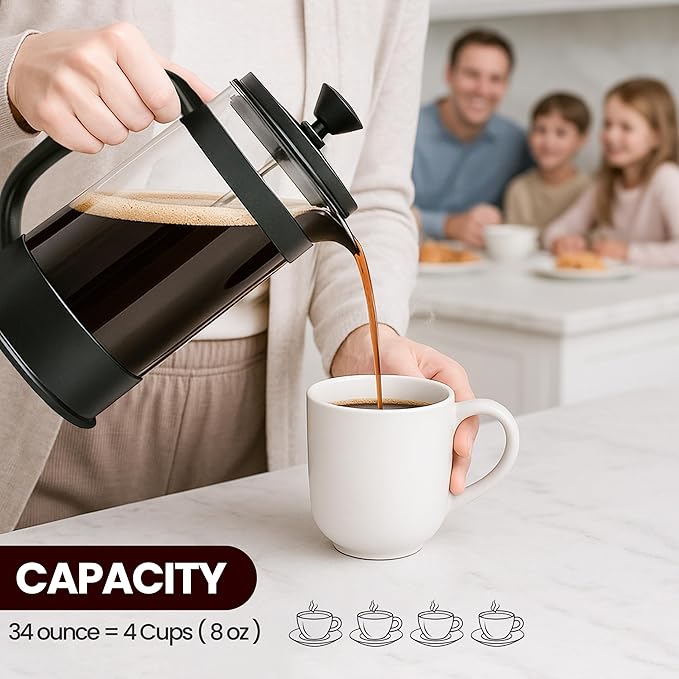 Utopia Kitchen Borosilicate Glass French Press Coffee Maker 34 oz, Heat-Resistant Cafetiere & Tea Maker, Thickened Glass Coffee Press for Travel and Camping, Black (Pack of 2)