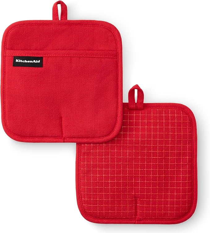KITCHENAID Gourmet Series Gridlines Pot Holders 2-Pack Set, Heat Resistant up to 600°F, Soft Silicone Grip, Magnetic Cuff, Passion Red, 8"x8"