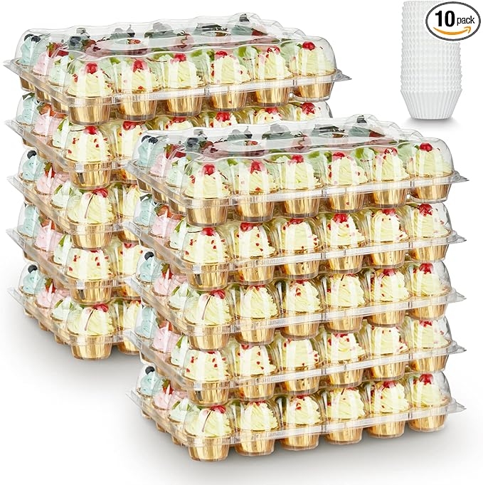 Gencywe (24 Pack x 10 Sets) Stackable Cupcake Carrier Holders with 240 Pack Cupcake Liners, Plastic Cupcake Boxes Holders for 24 Cupcakes, High Tall Dome Lid Cupcake Containers, Clear Cupcake Trays