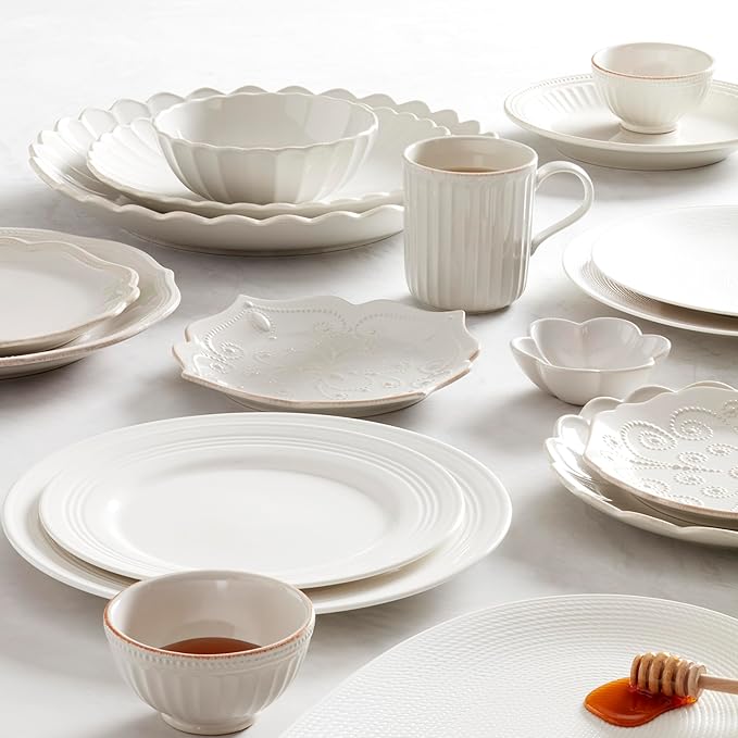 Lenox Dinnerware Set, French Perle Scallop 4-Piece Place Setting, Service For 1, Dinnerware Set, Stoneware, Includes Plates, Bowl, and Mug, Dishwasher And Microwave Safe, Dish Set (White, 4 Piece)