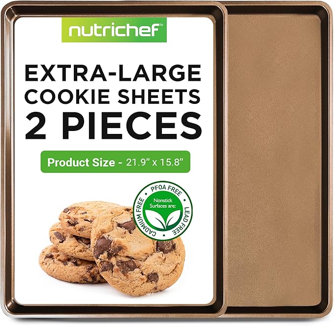 NutriChef 2-Piece Nonstick XL Cookie Sheets for Baking - 22" x 16" Stackable Extra Large Baking Sheet - Carbon Steel Baking Pans, PFOA, PFOS, PTFE Free- NCLGBP28