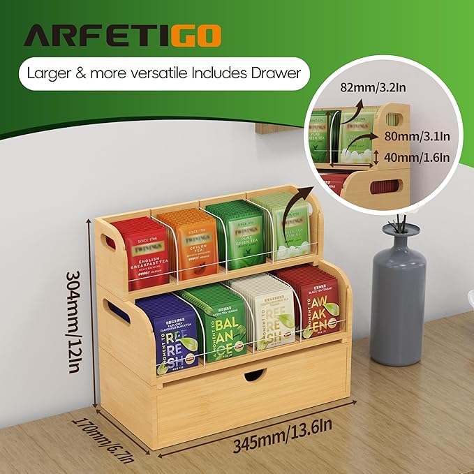 Bamboo Tea Organizer – Stackable Collection (2Tier w/Drawer)