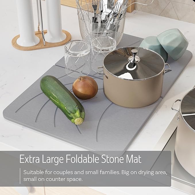 Large Stone Drying Mat with Bamboo Rack | 23.6” x 15.4” Diatomaceous Earth Collapsible Stone Dish Drying Mat | Quick Water Absorbing Foldable Dish Drying Stone for Kitchen Counter Racks (Light Gray)