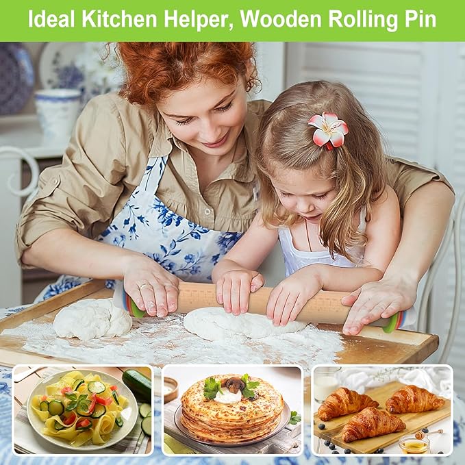 Wood Rolling Pin with Thickness Rings, Adjustable Wooden Rolling Pins for Baking, Dough Roller Pins for Cookie Pastry Tools Cake Baker, Fondant Roller for Decorating Bakery Supplies Kitchen Gadgets