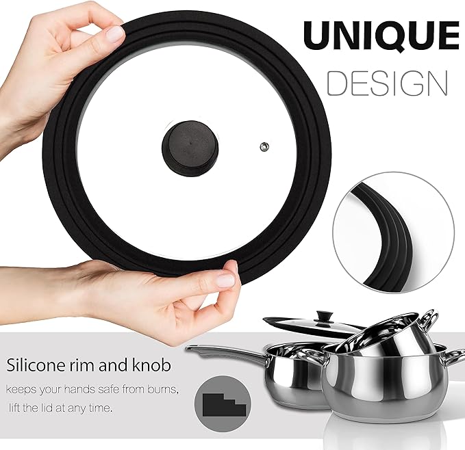 Lerykin Tempered Glass Lid Set of 2 - Universal Lids with Heat Resistant Silicone Rim for Pots, Pans and Skillets - Pan Cover Replacement Lids Fit 6.5", 7", 8" and 9.5", 10", 11" Diameter Cookware