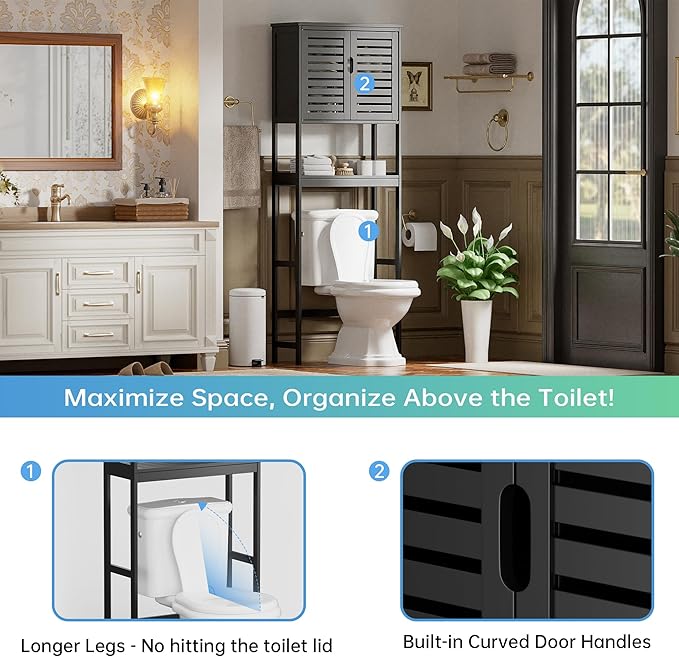 SMIBUY Bathroom Over The Toilet Storage Cabinet, 2 Door Bamboo Cabinet Organizer, Freestanding Space Saver Toilet Rack with Adjustable Inside Shelf and Open Shelf (Black)