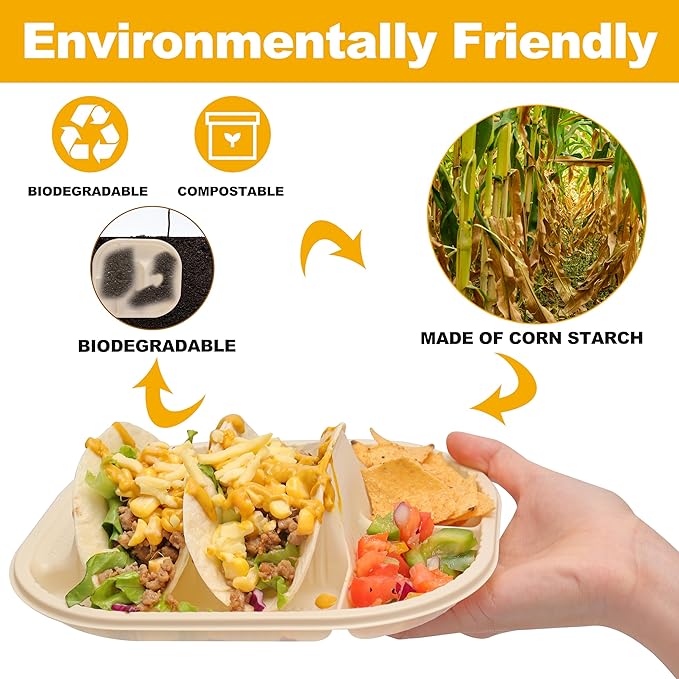 Small Disposable Taco Plates With Dipping Sides - 150 Pack, Biodegradable Cornstarch Taco Holder, Mini Size Fit 4-6 Inch Street Tortilla Shells, Sturdy & Microwave Safe, Bar Serving Set For A Party