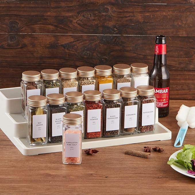 25 Pcs Spice Jars with Label- Glass Spice Jars with Gold Metal Caps,Shaker Lids, Funnel, Chalk Pen, Skiileor 4oz Seasoning Containers Bottles for Spice Rack, Cabinet, Drawer