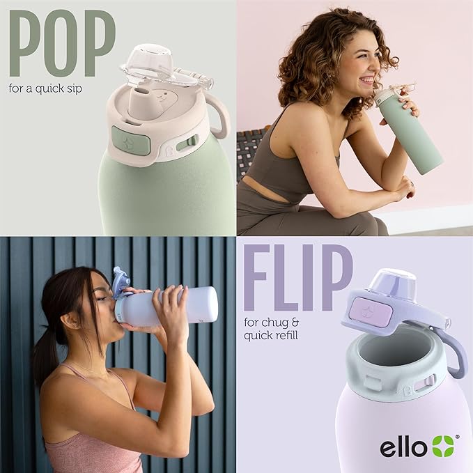 Ello Pop & Fill 32oz Stainless Steel Water Bottle with Quick Fill Technology, Double Walled and Vacuum Insulated Metal, Leak Proof Locking Lid, Sip and Chug, Reusable, BPA Free, Forest Mist