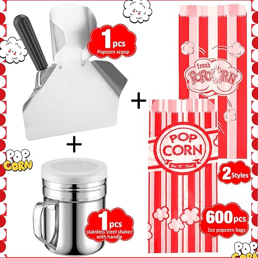 602 Popcorn Machine Supplies Set Sifting Speed Stainless Steel Popcorn Scoop Salt Shaker 600 Pcs 2 Styles 1 oz Bags Seasoning Dredge with Handle for Home Kitchen Theater Movie Tool