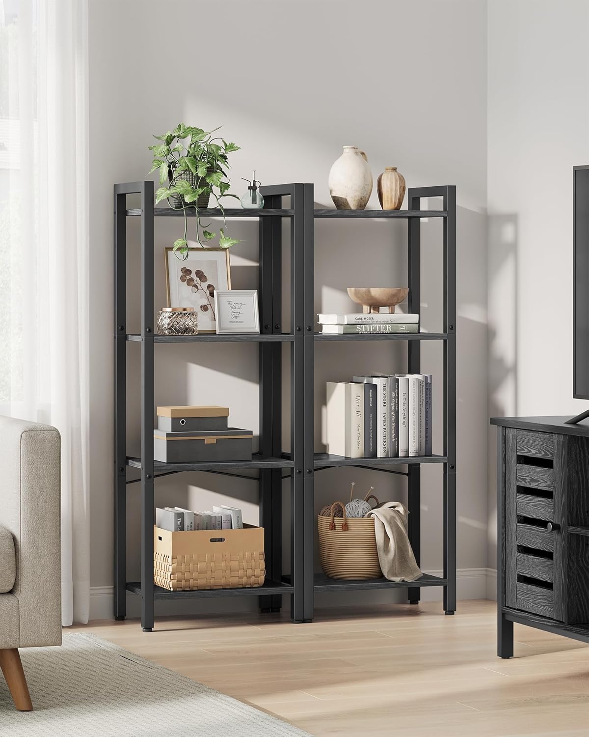 VASAGLE 4-Tier Bookshelf, Bookcase with Steel Frame, Book Shelf for Living Room, Home Office, Study, 9.4 x 15.7 x 42 Inches, Industrial Style, Ebony Black and Ink Black ULLS099B56