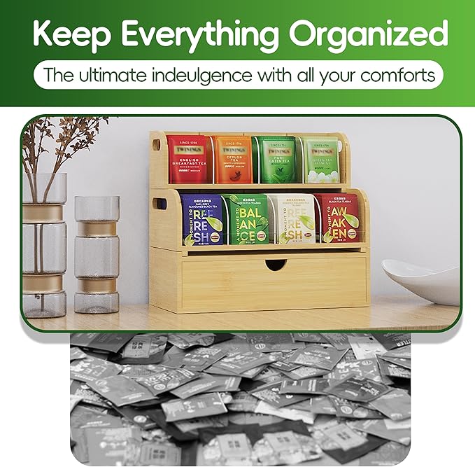 Bamboo Tea Organizer – Stackable Collection (2Tier w/Drawer)