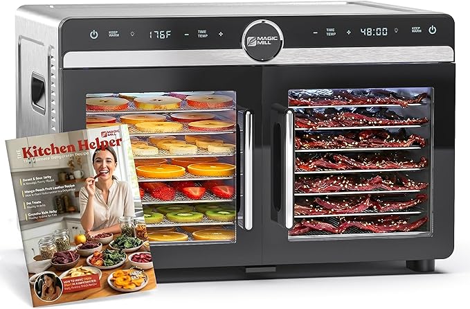 Magic Mill Premium DualZone Food Dehydrator, 16 Stainless Steel Trays with French Doors, Independent Temp Control, Rear Fan, Keep Warm Mode, for Jerky, Fruit, Veggies, Dog Treats, Meal Prep
