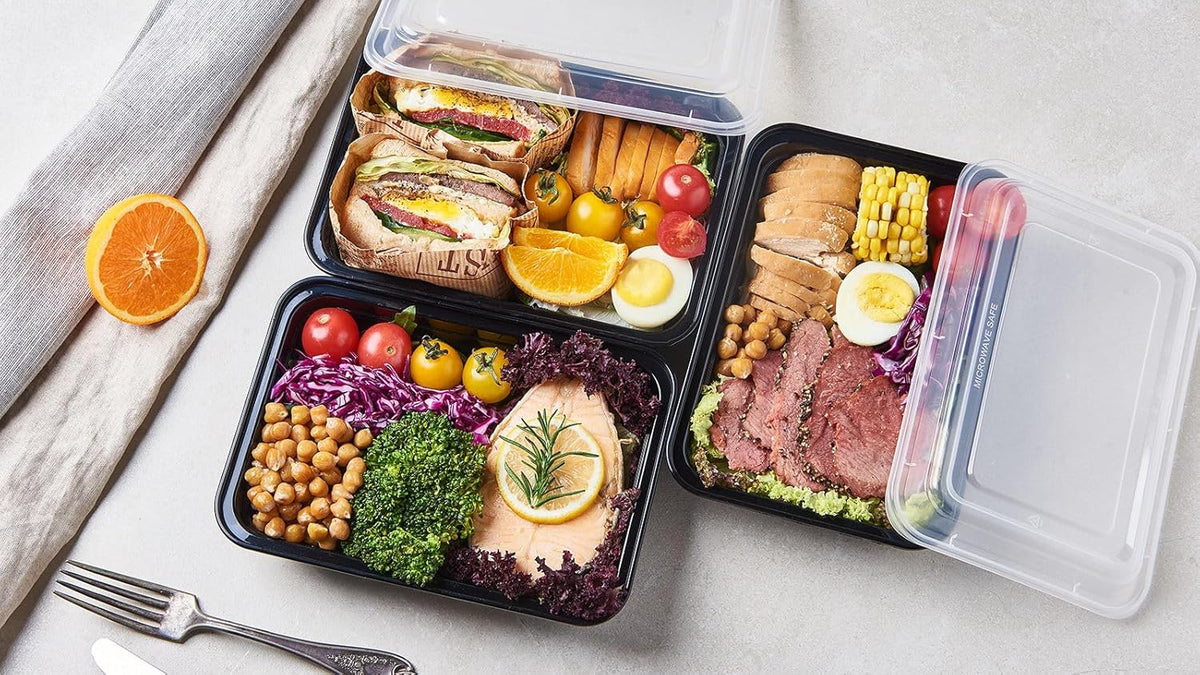 FULING 150 Pack Meal Prep Plastic Food Storage Containers With Lids 28 oz 1 Compartment Black Rectangular Reusable To Go Lunch Prepping Boxes BPA-Free Microwavable Freezer Dishwasher Safe Stackable