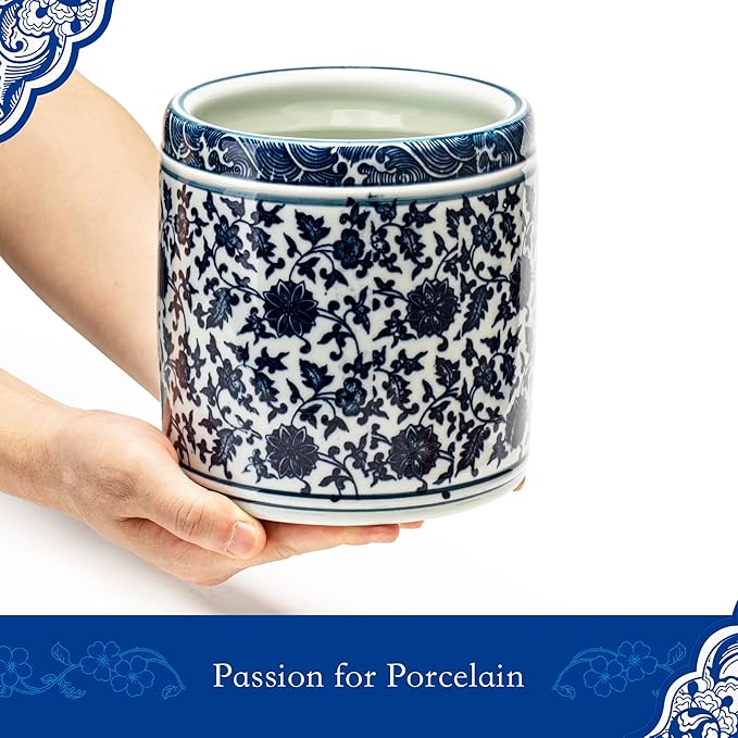 Utensil Holder, 6" Premium Ceramic Kitchen Utensil Rack for Countertop, Hand-painted blue and white porcelain made in Jingdezhen suitable for Vintage Farmhouse Kitchen Counter Decor