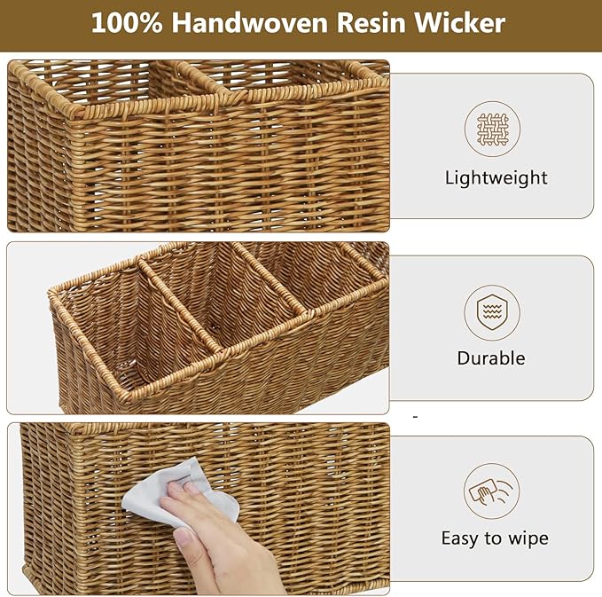 Extra Large Kitchen Utensil Holder with 4 Compartments, Handwoven Resin Wicker Utensil Caddy, Farmhouse Rustic Flatware Organizer for Countertop, Quick-Dry Storage Basket