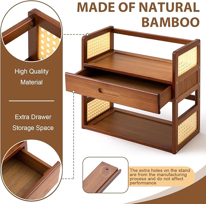 Yalikop Matcha Station Organizer 2 Tier Bamboo Mug Stand Shelf with Hidden Drawer Home Coffee Station Organizer for Whisk Set Bowl Cup Kitchen Countertops Bars 15.75" x 7.87" x 15.35"(Brown)