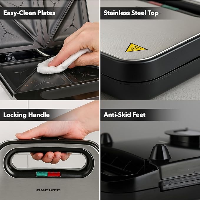 OVENTE Electric Sandwich Maker with Non-Stick Plates, Indicator Lights, Cool Touch Handle, Easy to Clean and Store, Perfect for Cooking Breakfast, Grilled Cheese, Tuna Melts and Snacks, Black GPS401B