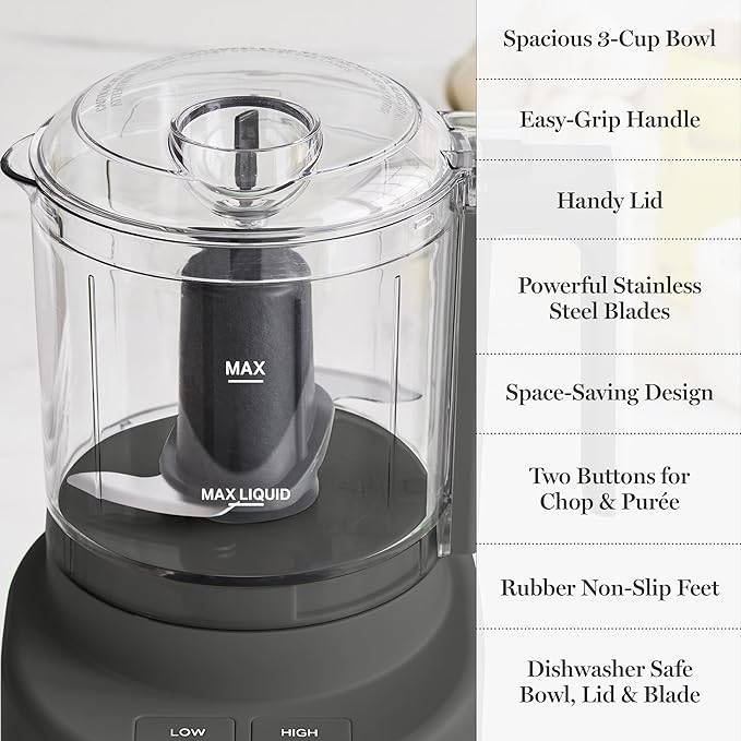 Martha Stewart 3 Cup Electric Food Chopper, Vegetable & Herb Mini Food Processor, 24oz BPA-Free Bowl, Stainless Steel Blades, Pour Spout, Dicing, Mincing, Chop & Puree, Dishwasher Safe, Caviar