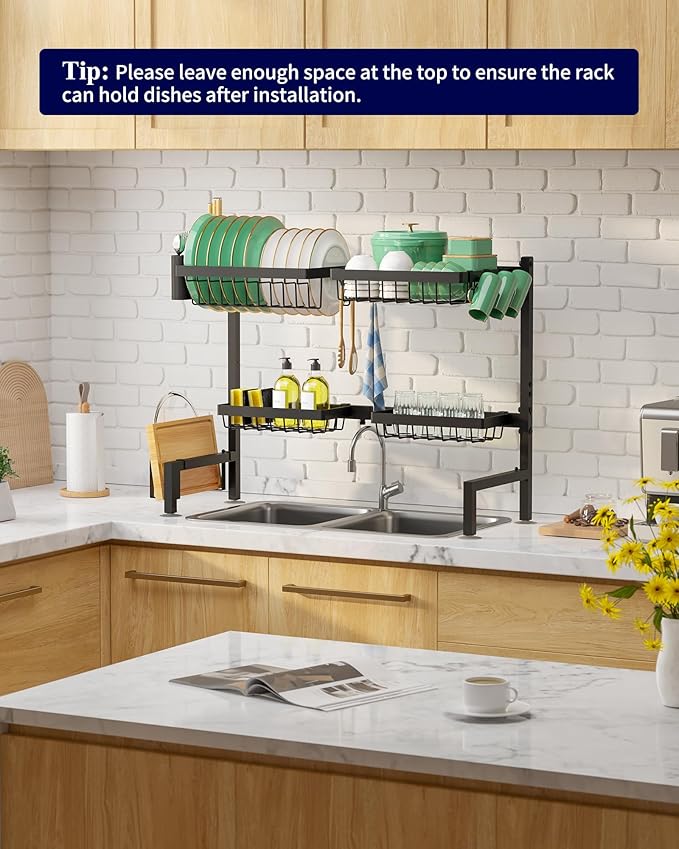 Kitsure Over The Sink Dish Drying Rack - 30.0" to 33.9" x 21.5", Adjustable Sink Drying Rack for Kitchen Sink with Multifunctional Baskets, Black